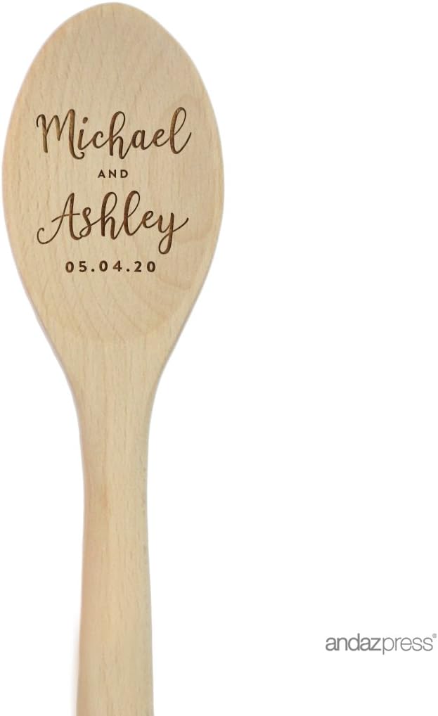 Andaz Press Personalized Laser Engraved Wooden Mixing Spoon, 12-inch, Script Bride and Groom Names and Dates, 1-Pack