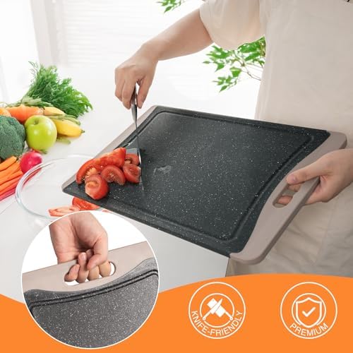 Extra Large Cutting Boards, Plastic Cutting Boards for Kitchen (Set of 3) Cutting Board Set Dishwasher Chopping Board with Juice Grooves Easy-Grip Handles, Almond Gray, Empune