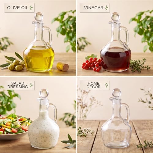 Suclain 6 Sets 14oz Glass Oil and Vinegar Cruet Set Round Oil Dispenser Olive Bottle with Airtight Stopper Salad Dressing Bottle Glass Condiment Container for Kitchen Homemade Olive Condiment(Clear)