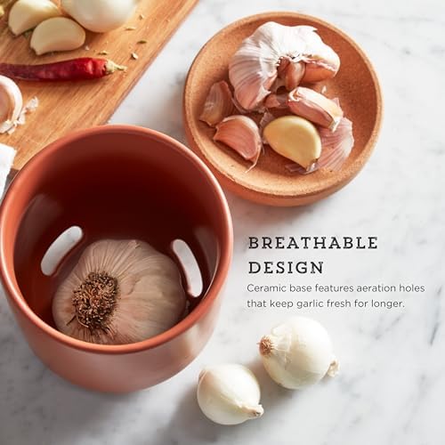 Kamenstein Ceramic and Cork Breathable Garlic Keeper to Allow Air Flow for Freshness; Stackable Space Saving Cork Lid, Natural Cork and Terra Cotta Ceramic, 4 x 4 x 5 Inch
