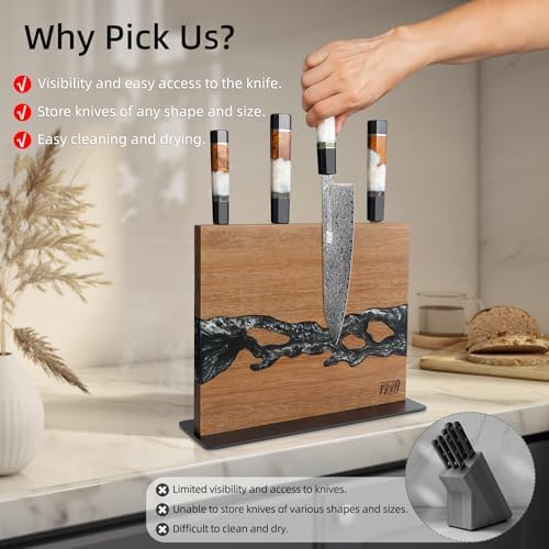 FINDKING Magnetic Knife Block, Double-Sided Knife Holder with Strong Magnets, Acacia Wood and Black White Resin, Countertop Kitchen Knife Storage Stand (12 × 10 Inches, Without Knives)