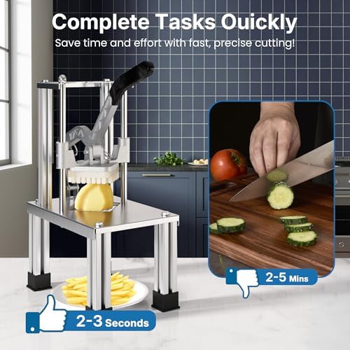 Commercial French Fry Cutter with 1/2 Inch and 3/8 Inch Blades, Heavy Duty Potato Slicer, Stainless Steel Potatoes Cutter for Restaurant & Home Kitchen