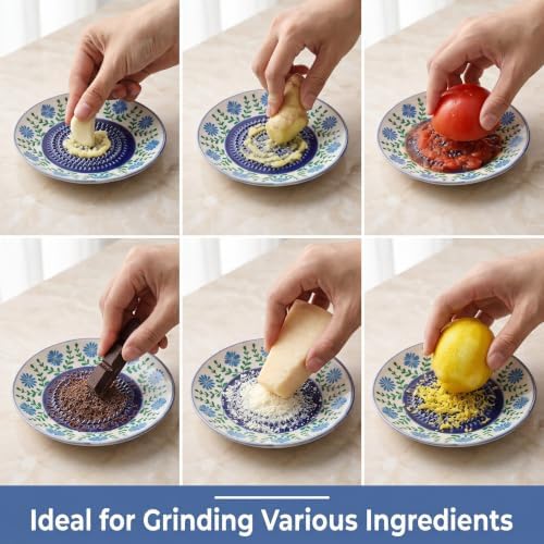 Ceramic Garlic Grater Plate Set - 4PCS Ginger Grater Dish with Silicone Peeler, Brush & Display Stand, Spanish Tomato Grater, Porcelain Mincing Plate, Herb Stripper Kitchen Tool