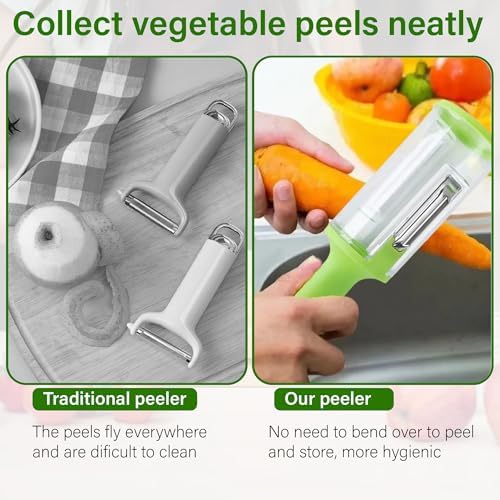 Vegetable Peeler with Container Set of 2 – Multifunctional Fruit and Vegetable Peeler with Catcher – Stainless Steel Blade, Non-Slip Handle, Easy Storage Peeler for Kitchen and Home Cooking