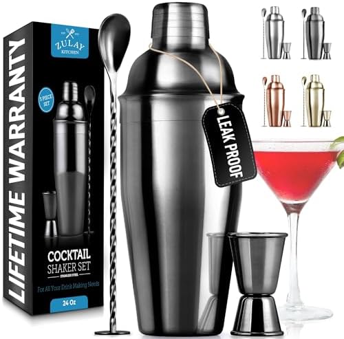 Large 24 oz Stainless Steel Cocktail Shaker Set - Mixed Drink Shaker - Martini Shaker Set with Built in Strainer, Double Sided Jigger & Combo Muddler Mixing Spoon - Pro Margarita Shaker - By Zulay