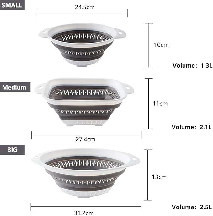 Collapsible Colander and Strainer,Silicone Strainer Colanders & Food Strainers,for Vegetable and Fruit, Kitchen Essentials (3, Blue, 1.3L+2.1L+2.5L)