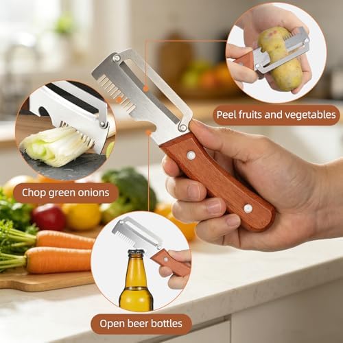 2026 Upgrade 3Pcs 3-in-1 Vegetable Peeler/Bottle Opener/Julienne Cutter | Thickened Stainless Steel Blade,Premium Wooden Handles for Potato/Carrot/Cucumber | Ideal for Kitchen Cooking & Camping