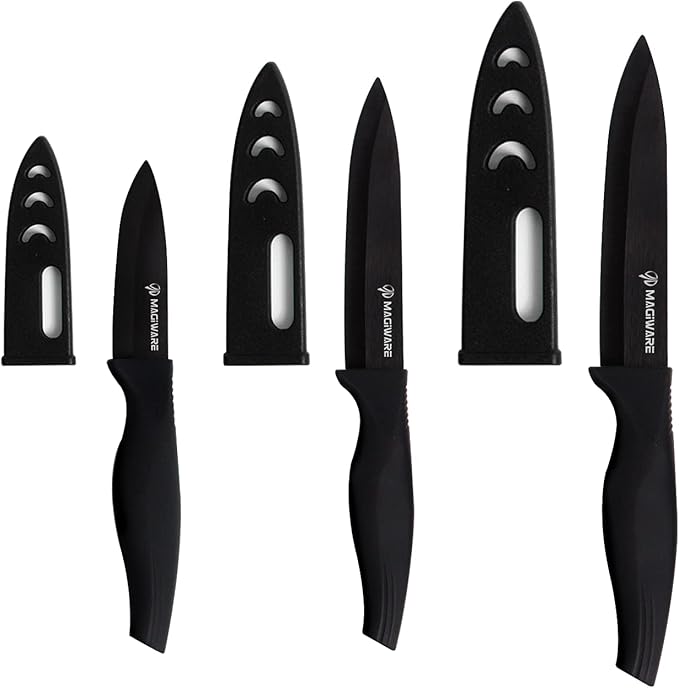 Magiware 6-Piece Paring Knife Set with Sheaths-Ceramic Blade Sharp Rust Proof Stain Resistant (include 5inch Utility Knife, 4inch Fruit Knife,3inch Paring Knifes)-Black (win0529)