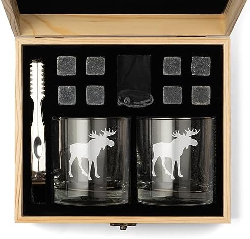 Whiskey Glass Gift Box Set with Whiskey Stones and 2 Rocks Glasses Moose