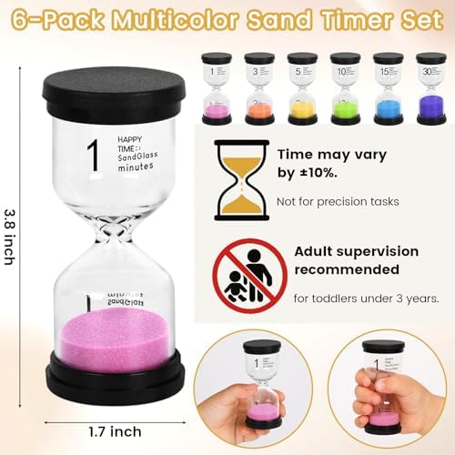 Shindel Sand Timers, 6PCS Colorful Hourglass Sandglass Timer 1/3/5/10/15/30 Minutes Sand Clock Timer for Kids Games Classroom Kitchen Cooking Office (Pack of 2)