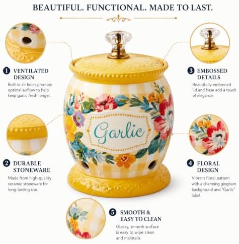 Garlic Keeper Ceramic with Lid Ventilated Floral Yellow for Kitchen