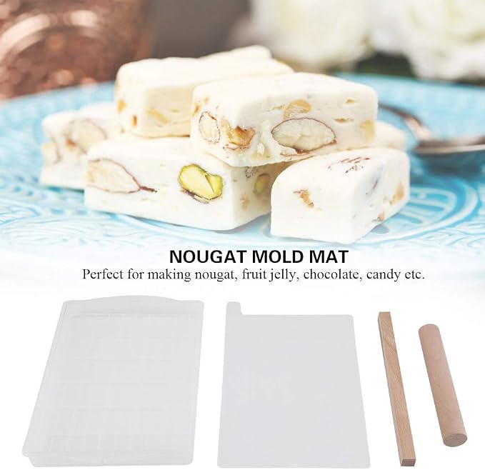 DIY Nougat Tools Tray Set Silicone Nougat Nonstick Making Mat Wooden Rolling Pin Baking Tools Chocolate Candy Tools Wooden Rolling Pin Set