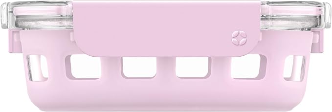 Ello Duraglass 1.75 Cup Glass Meal Prep Container with Lid, Pink Cashmere | 1.75 cup glass meal prep container with silicone sleeve, leakproof BPA-free lid, microwave, freezer and dishwasher safe