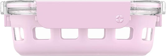 Ello Duraglass 1.75 Cup Glass Meal Prep Container with Lid, Pink Cashmere | 1.75 cup glass meal prep container with silicone sleeve, leakproof BPA-free lid, microwave, freezer and dishwasher safe