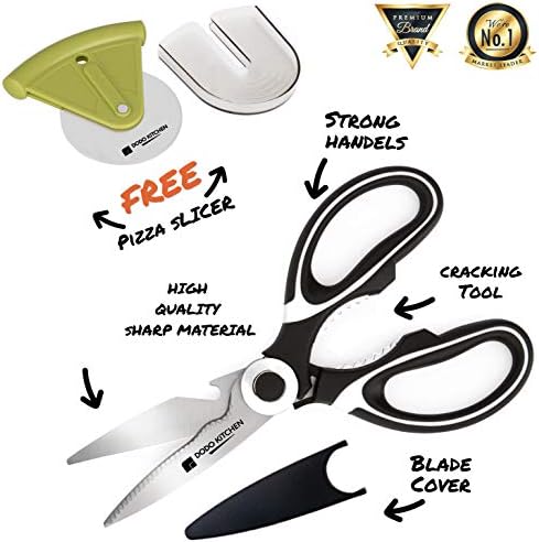 Cooking Scissors – Stainless-Steel Food Scissors – Kitchen Scissors for Meat, Vegetables and Herbs – Multifunctional Shears with Blade Cover and Pizza Slicer – Heavy Duty Meat Shears
