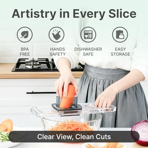 ZKIRON Mandoline Slicer for Kitchen, 6-in-1 Multifunctional Handheld Vegetable Cutter with Transparent Body & Safety Guard, Potato Slicer Cucumber Julienne Shredder, Compact Salad Prep Gadget
