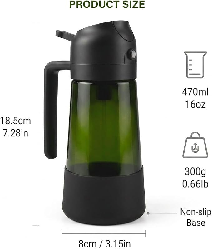 2-in-1 Oil Sprayer Dispenser, 16oz UV-Blocking Glass, Non-Slip | Extra Stability, Easy Refill, Refined Aesthetic
