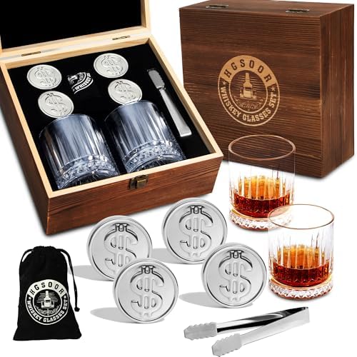 Whiskey Stones Gift Set - Old Fashioned Glasses with 4 Metal Dollar Sign Whisky Stones, Premium Wooden Gift Box, Drinking Gifts for Men Dad Husband Birthday Father's Day