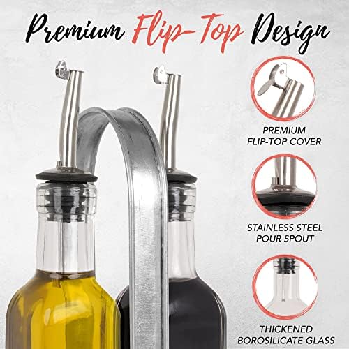 Autumn Alley Rustic Farmhouse Oil and Vinegar Dispenser Set - Oil and Vinegar Caddy Holder Set of Weathered Wood, Galvanized Metal - Adorable Rustic Kitchen Decor -250ml 8 oz