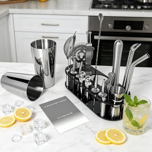 22-Piece Cocktail Shaker Set, 25/20oz Bartender Kit, Bartending Stainless Steel Bar Tools Sets for Drink Mixing, Boston Cocktail Shakers with Stand Recipes Booklet (Siver 25-20oz)