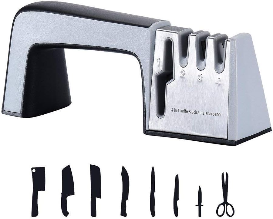 4-in-1 Knife Sharpener with Scissor Slot, Multi-Stage Manual Knife Sharpening Tool with Ergonomic Handle and Non-Slip Base for Kitchen Knives and Household Use (2026 Model)