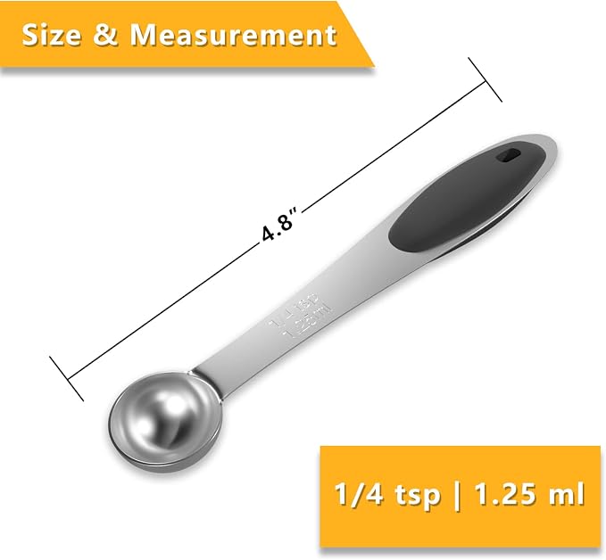 LEIFENY 2PCS 1/4 Tsp(1.25ml) Single Measuring Spoon with Black Silicone Grip, Stainless Steel Individual Measure Scoop Only