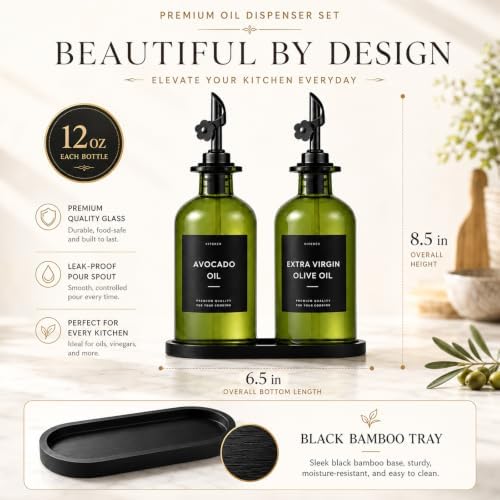 Olive Oil Dispenser for Kitchen, 2-Pack 12oz Glass Bottle with Black Labels