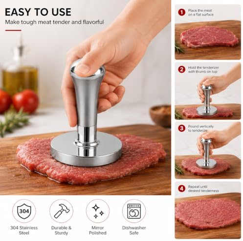 Meat Pounder Flattener, Heavy Duty Tenderizer Tool, 304 Stainless Steel Meat Pounder Tenderizer, Kitchen Smasher Hammer Beater, Aplanadora de Carnes y Pollo, Smash Burger Press, Meykers