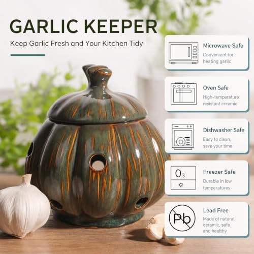 Ceramic Garlic Keeper Storage Holder Jar with Lid, Kitchen Countertop Large Garlic Canister Cellar Saver Holder Crock Container. (Green)