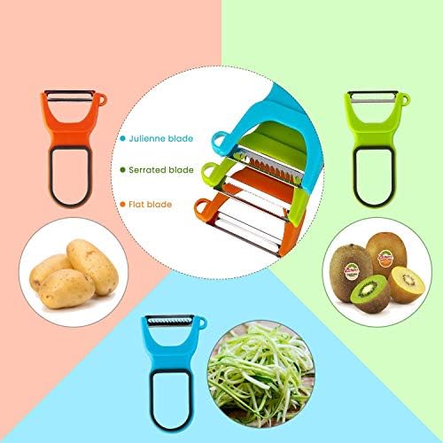 Colorful 3in1 Fruit & Vegetable Peeler Set Hollow-out Design Food Grade Plastic - Plane, Julienne, Serrated