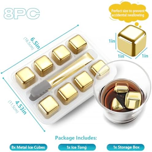 Reusable Stainless Steel Ice Cubes, 8 Packs Metal Whiskey Stones Chilling Rocks, Reusable Ice Cube for Whiskey, Vodka, Beverage Chilling Stones, Gold