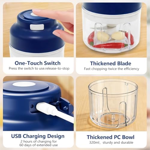 Electric Garlic Chopper, Upgrade 6 Blades, 320ML Wireless Food Processor, Mini Grinder for Kitchen,Mashing Nuts Chili Onion Minced Meat and Spices USB Rechargeable