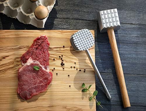 New Star Foodservice Improved Quality Aluminum Meat Tenderizer with Wood Handle, 13 Inch Meat Mallet and Hammer, Dual-Sided Tenderizer for Beef, Chicken, Pork, and Venison