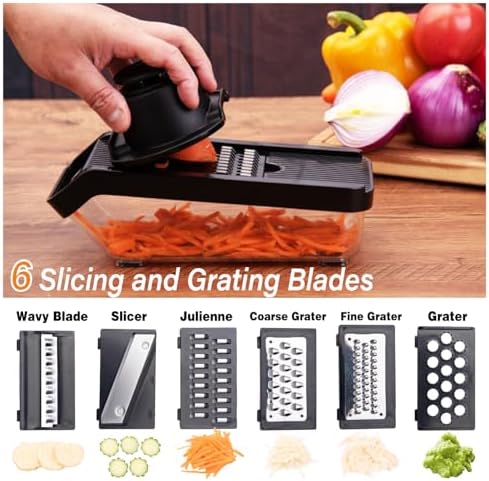 Vegetable Chopper, 10-in-1 Mandoline Slicer and Chopper with 10 Interchangeable Blades & Container, 304 Stainless Steel Press Lid, Onion Chopper, Potato Slicer, Julienne Cutter