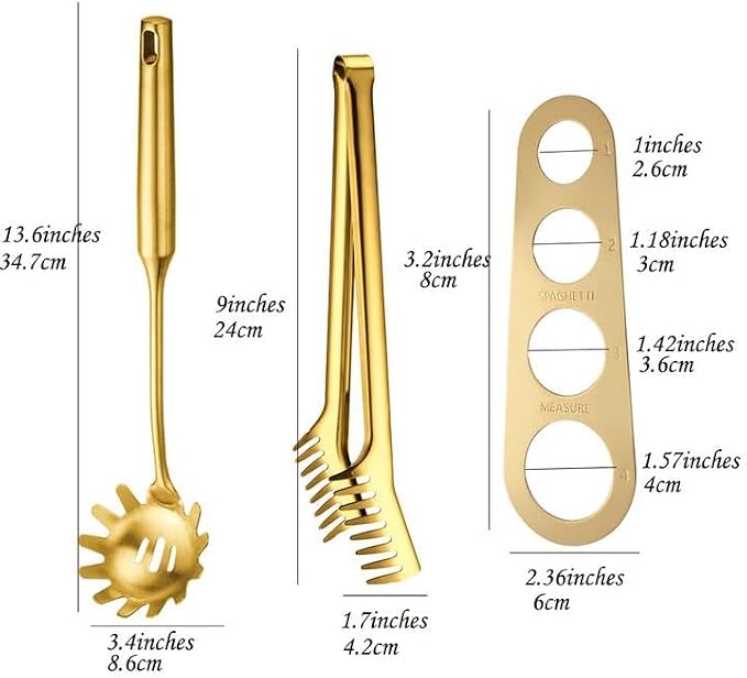 Spaghetti Spoon Pasta Fork Server Stainless Steel 9 Inches Noddle Tong Spaghetti Measurer Scale Tool Set - Gold
