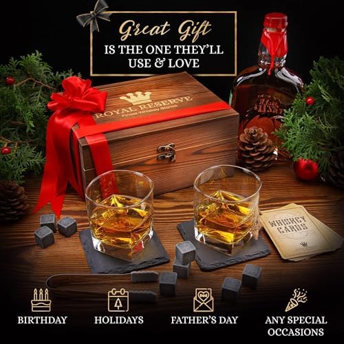 Whiskey Stones Gift Set for Men & Dad, Bourbon Glasses & Chilling Rocks