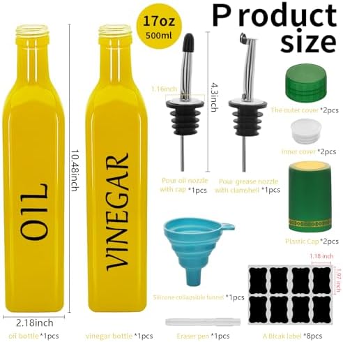 Olive Oil Dispenser Bottle,2 Pcs 17oz 500ml Glass O il and Vinegar Dispenser Set with 2 Stainless Steel Pourers, 8 Labels,Funnel Vinegar Bottles for Kitchen (Yellow)