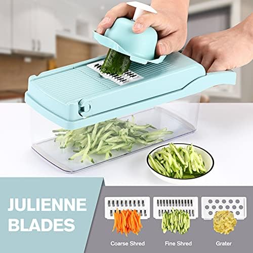 KEOUKE Vegetable Chopper Mandoline Slicer Blue - 12 in 1 Interchangeable Blades Food Chopper with Container, Hand Guard & Drainer, Veggie Dicer Kitchen Gadget for Onion, Cucumber, Tomato, Fruit