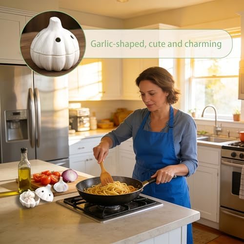 Garlic Keeper for Counter, Ceramic with Realistic Garlic Shape, Breathable Design, Anti-Mold, Easy Clean, Multi-Purpose Kitchen Decor & Gift, White