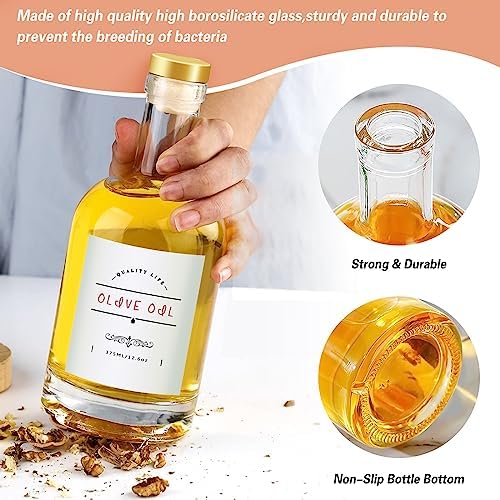 Olive Oil Dispenser Bottle for Kitchen, Clear Glass Oil and Vinegar Dispenser Set, Coffee Syrup Dispenser, Container With Metal Pour Spout, Airtight Lid, Funnel, Waterproof Labels (375ml-4 Pack)
