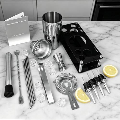 14-Piece Cocktail Shaker Set with Stand, Bartender Kit, 25oz Shakers, Bar Set Cocktail Shaker Set, Jigger for Bartending Kit, Drink Mixer Set, Cocktail Set Recipes Booklet Home, Bar, Party (Silver)