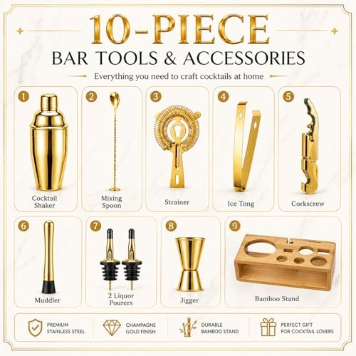 Gold Cocktail Shaker Set, Premium 18/8 Stainless Steel Mixology Bartender Kit with Stylish Bamboo Stand 10-Piece Bar Tools & Accessories for Home Bar for Men, Dad, Husband