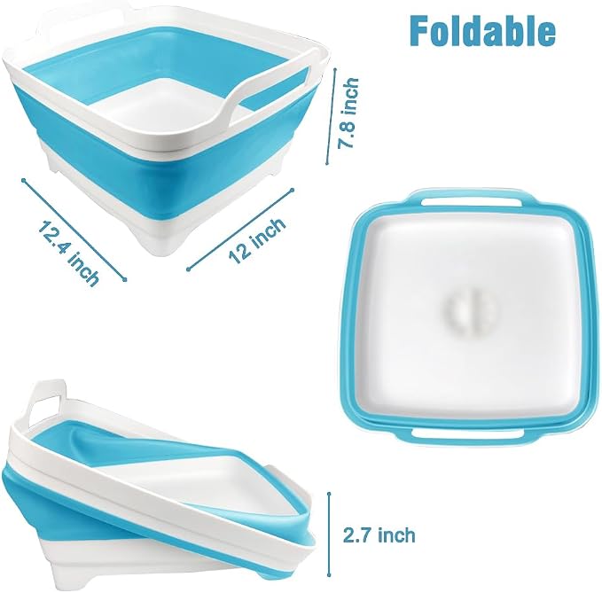 ddLUCK Dish Basin Collapsible with Drain Plug Carry Handles for 9L large Capacity, Washing Basin, Collapsible Dish Tub For RV Sink, Vegetable, Fruit, Food Sink Strainer Dish Washing Tub - Blue