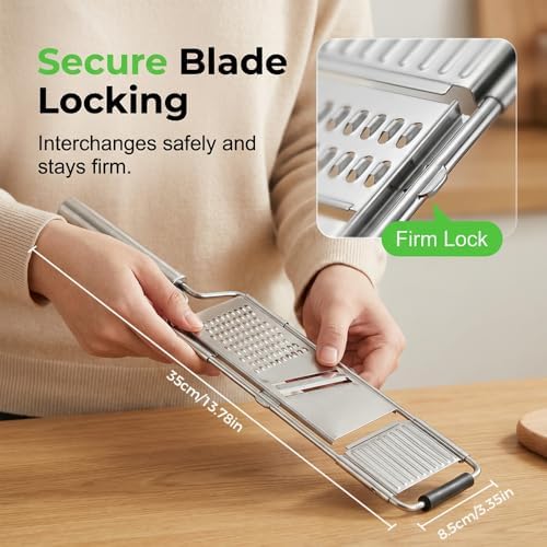 4-in-1 Vegetable Slicer, Handheld Mandoline Cutter with Stainless Steel Guard, Adjustable Thickness Onion Slicer, Sharp Veggie Shredder for Kitchen Fruit Cutting, Silver
