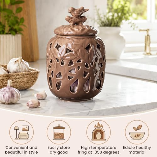 9.8" x 5.9" Large Ceramic Garlic Keeper for Counter, Ceramic Garlic Keeper with Lid Holder Storage Container to Keep Your Cloves Fresh Longer Garlics Saver for Kitchen