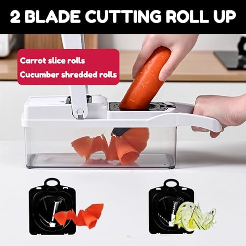 Vegetable Chopper,25 in 1 Multifunctional Food Chopper with Container,Kitchen Vegetable Slicer Dicer Cutter,Veggie Chopper Fruit Salad Potato,13 Blade Stainles Steel Blades（White）
