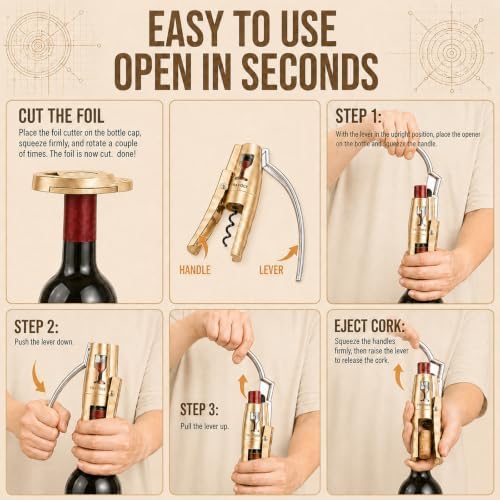 TRAVOCE Manual Lever Wine Opener with Foil Cutter, Bronze Tone