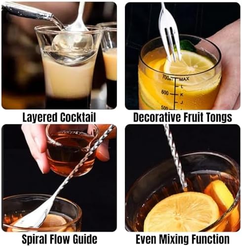 3-Piece Bar Set: Muddler for Cocktails, 8” Cocktail Muddler & Bar Accessories Kit with 10” Mixing Spoon and Jigger | Stainless Steel Bartender Tools for Mojitos Fruit Drinks
