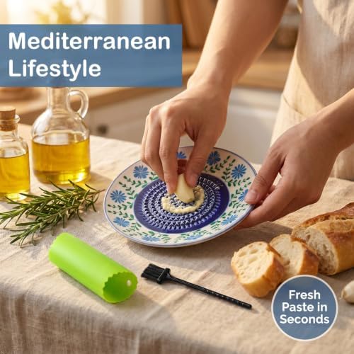 Ceramic Garlic Grater Plate Set - 4PCS Ginger Grater Dish with Silicone Peeler, Brush & Display Stand, Spanish Tomato Grater, Porcelain Mincing Plate, Herb Stripper Kitchen Tool