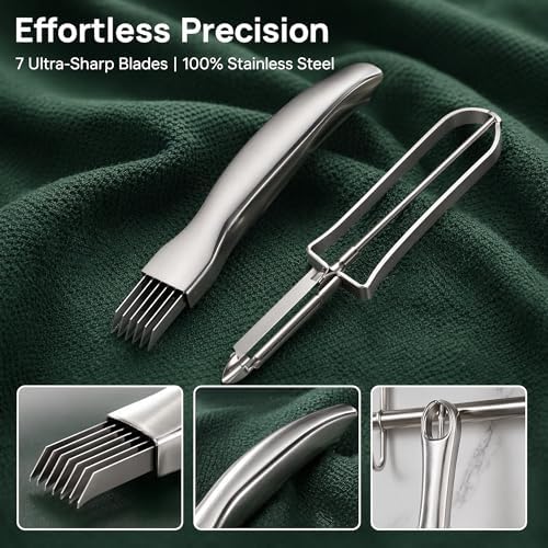 Stainless Steel Scallion Cutter and Vegetable Peeler Set, Professional 7-Blade Onion Slicer for Shred Silk Garnish, Heavy Duty Metal Fruit Peeler for Kitchen, Dishwasher Safe